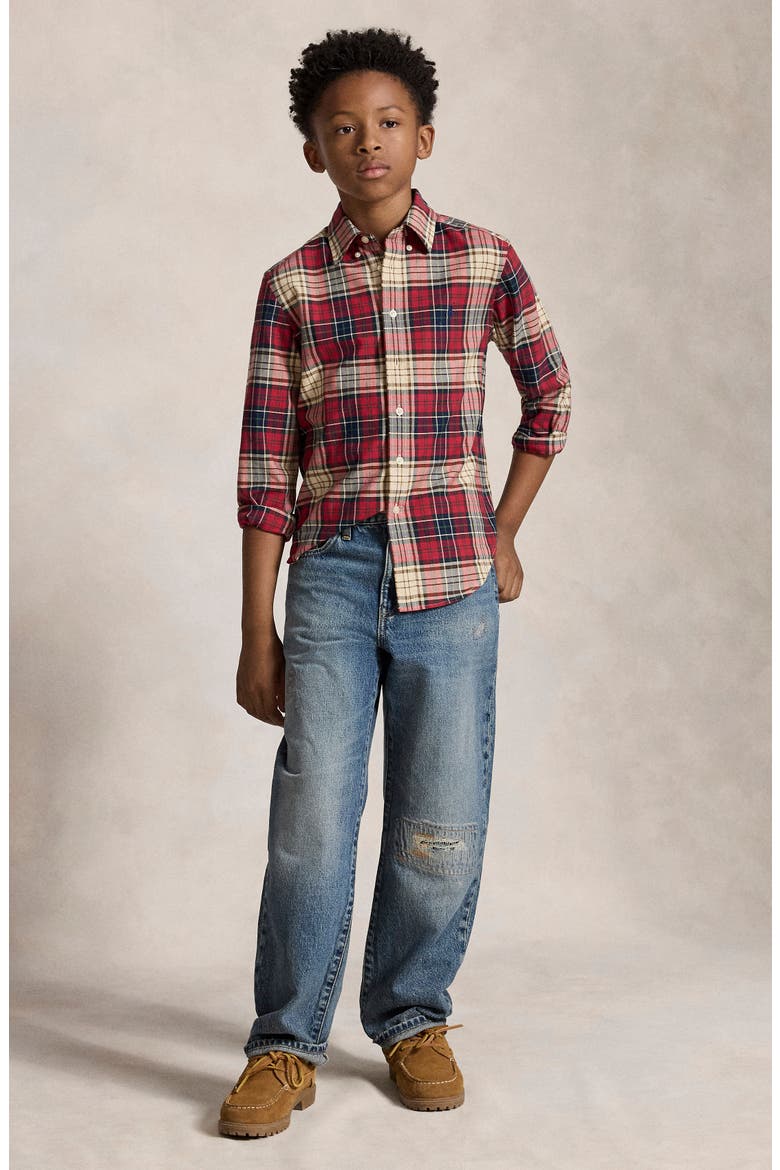 Kids' Plaid Cotton Oxford Shirt, Alternate, color, RED NAVY MULTI
