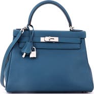 Pre-Owned Hermes Kelly Handbag Blue Epsom with Palladium Hardware 28