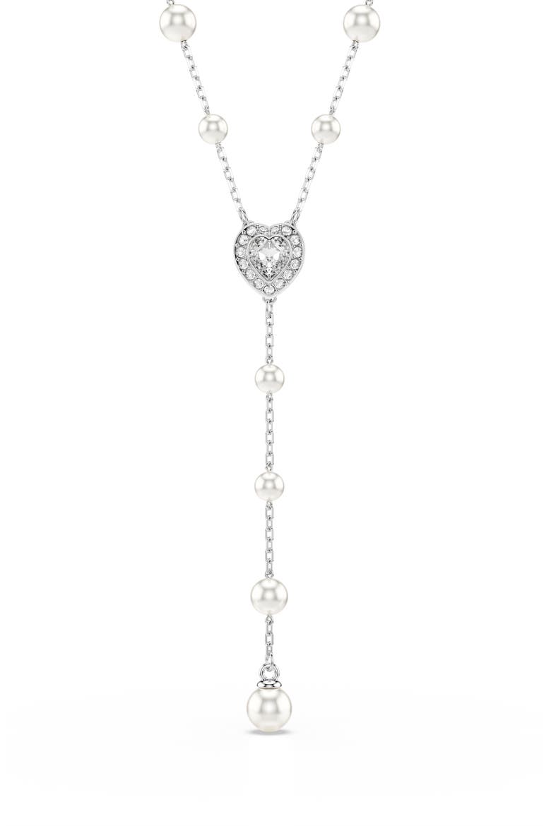 x Ariana Grande Capsule Crystal Heart & Faux Pearl Station Y-Necklace, Main, color, WHITE GOLD