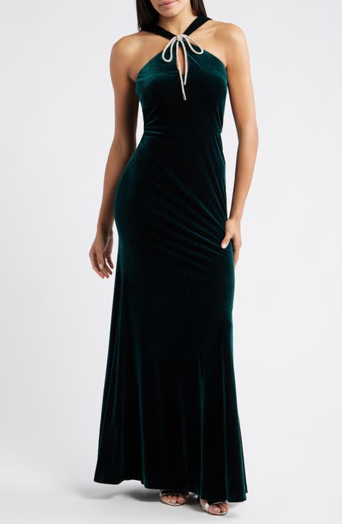 Bow Halter Neck Velvet Gown