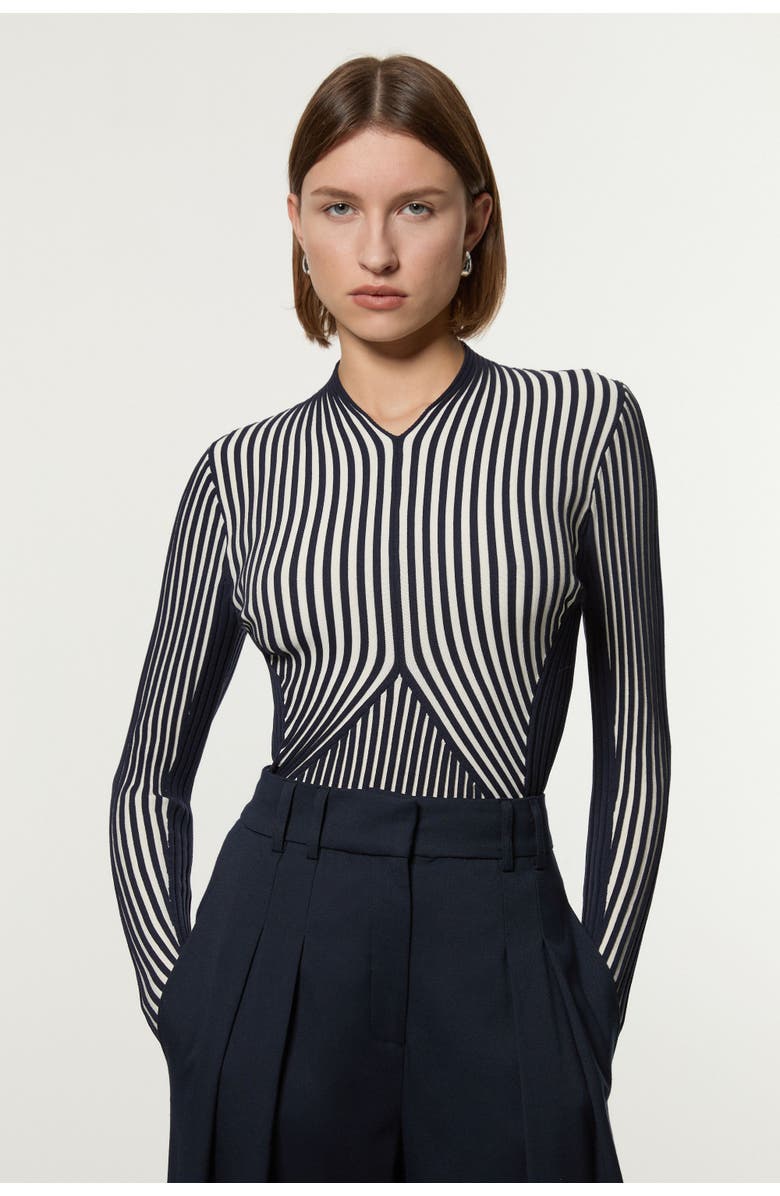 Karen Millen Stripe Fitted Long Sleeve Knitted Top, Main, color, Navy