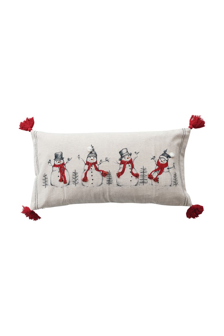 Linen Printed Lumbar Pillow with Embroidered Snowmen and Birds Image, Pompoms and Tassels, Main, color, Multicolor