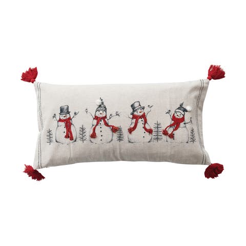 Linen Printed Lumbar Pillow with Embroidered Snowmen and Birds Image, Pompoms and Tassels