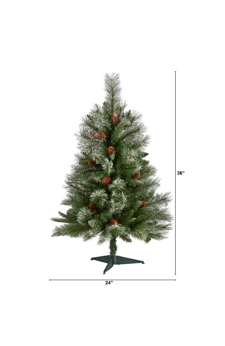NEARLY NATURAL 3-ft Snowed French Alps Mountain Pine Artificial Christmas Tree with 135 Bendable Branches and Pine Cones, Alternate, color, Green