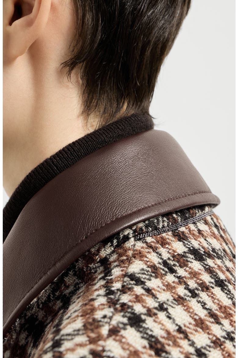 Comfort checked wool and alpaca outerwear jacket with leather collar and monili, Alternate, color, Brown
