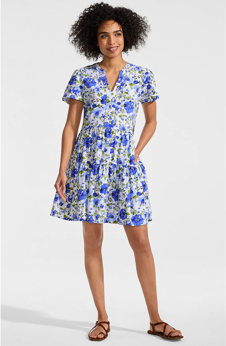 Lands' End Cotton Jersey Tiered Mini Dress, Main, color, Clear Blue Painted Blooms