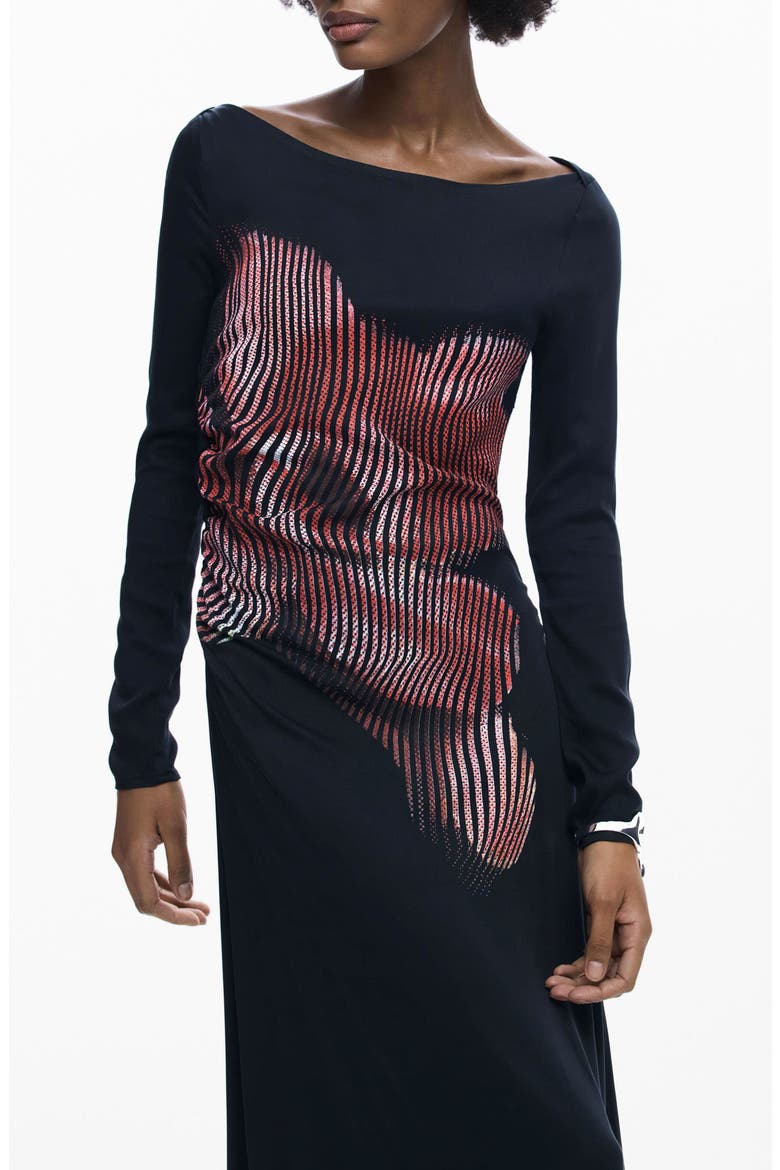 Placed Floral Long Sleeve Dress, Alternate, color, BLACK