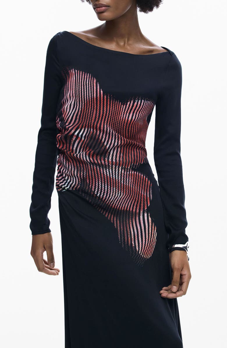 Desigual Placed Floral Long Sleeve Dress, Alternate, color, Black