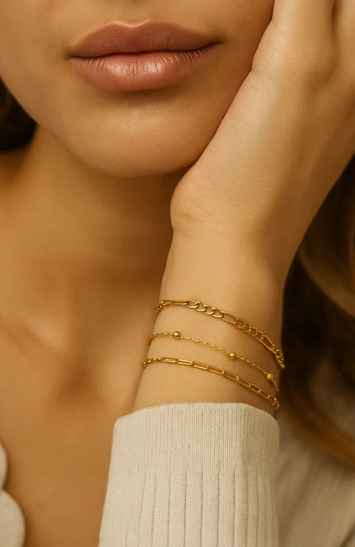 Hollywood Sensation Adriana 3-piece Stackable Bracelet Trio Set, Beaded, Figaro, Paperclip Link In Gold
