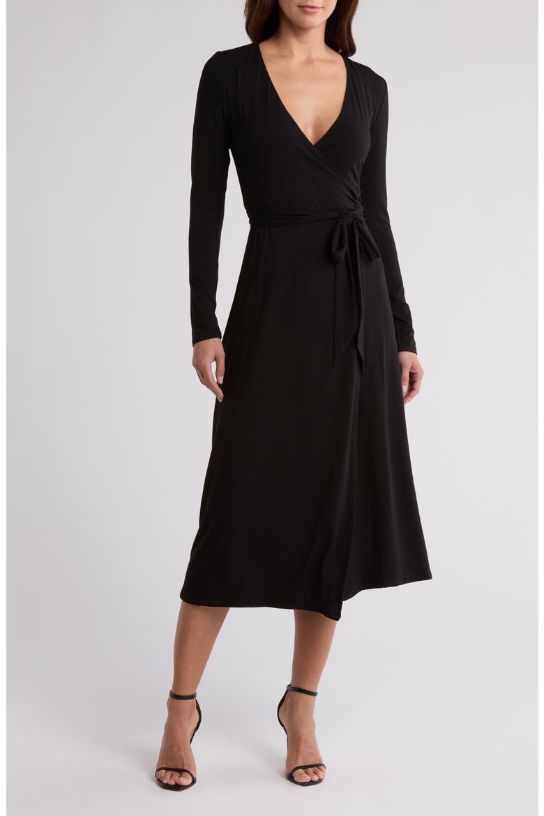Long Sleeve Faux Wrap Dress, Main, color, BLACK