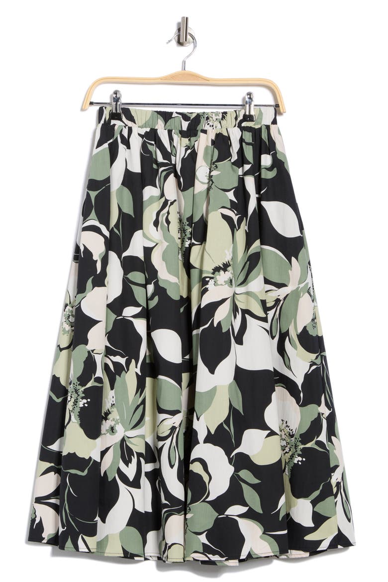 Floral Print Stretch Cotton Midi Skirt, Alternate, color, OLIVE MULTI