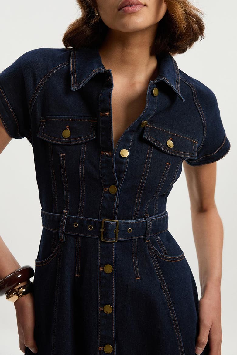 secret mission button down belted denim midi dress Belted Button-Up Tiered Denim Midi Dress Medium