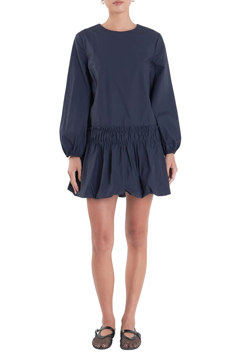 Bubble Hem Long Sleeve Cotton Minidress, Main, color, NAVY