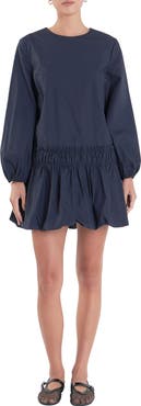 English Factory Bubble Hem Long Sleeve Cotton Minidress