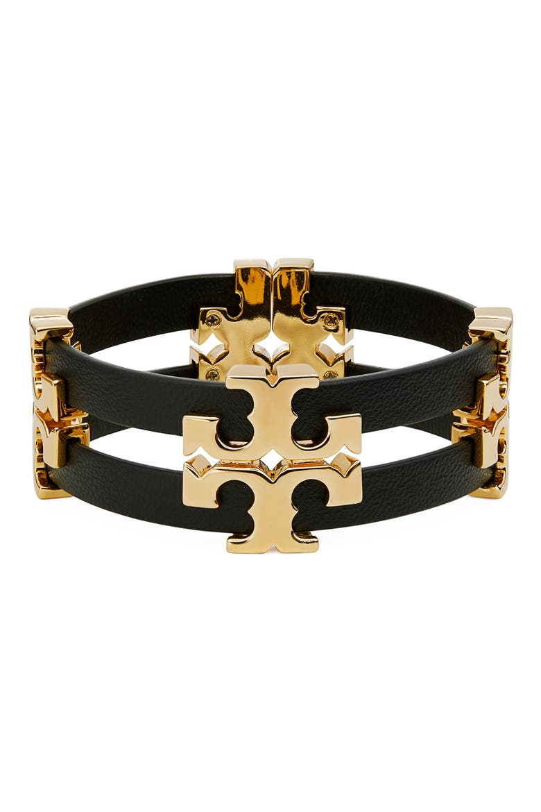 Serif T Stacked Leather Bracelet, Main, color, TORY GOLD / BLACK