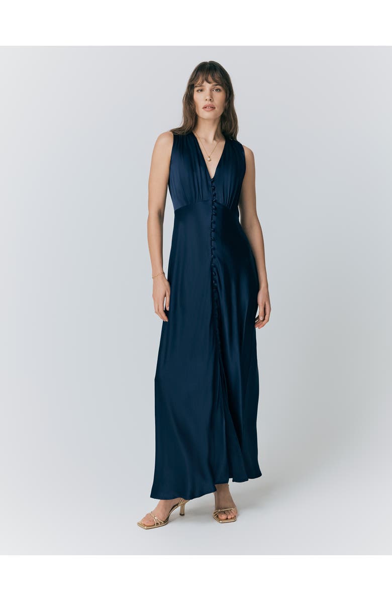 Ghost London River V Neck Button Satin Maxi Dress, Main, color, Navy