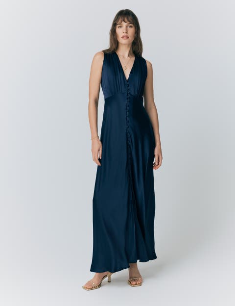River V Neck Button Satin Maxi Dress