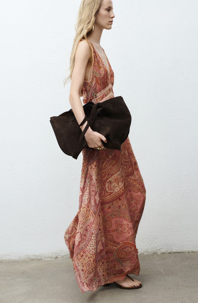 MANGO Paisley Lace Trim Maxi Slipdress, Alternate, color, Brown