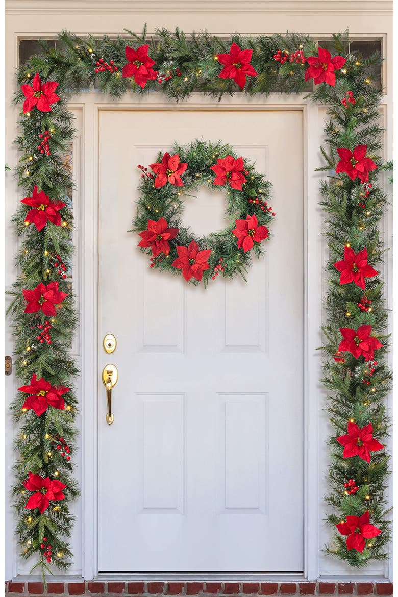 Set of 2 Pre-Lit Poinsettia Christmas Garland with Timer, Alternate, color, Red
