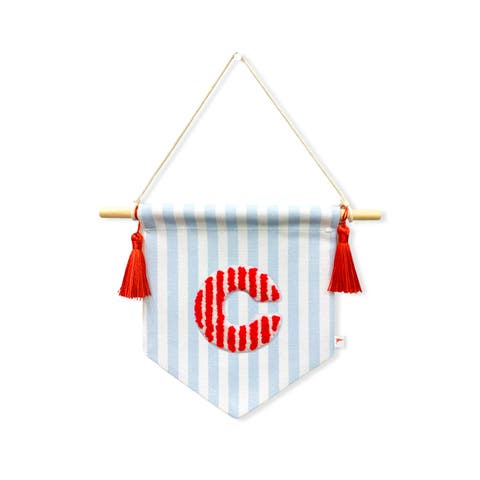 A B C' Blue Striped Create-Your-Own Banner with Red Tassels and Chenille Letter Patch