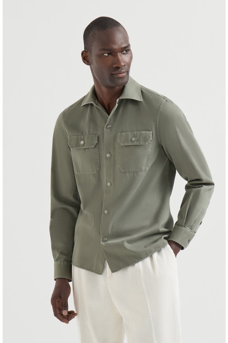Garment-dyed overshirt in cotton gabardine with spread collar and chest pockets, Main, color, Military