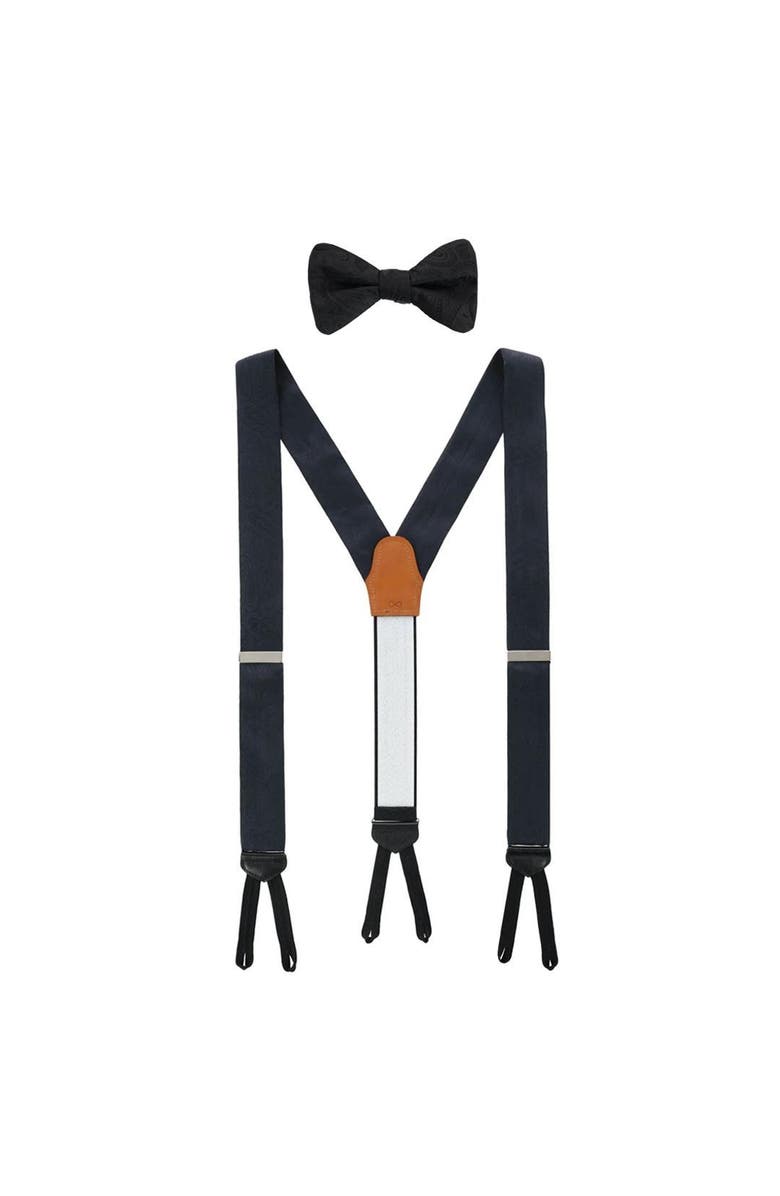 Trafalgar Banbury Tone on Tone Paisley Silk Suspenders (Braces) and Bow Tie Set, Main, color, Black