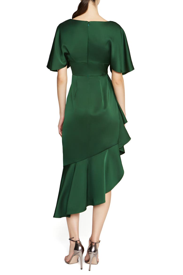 Gwen Ruffle Asymmetric Hem Elbow Sleeve Satin Faux Wrap Dress, Alternate, color, THORN