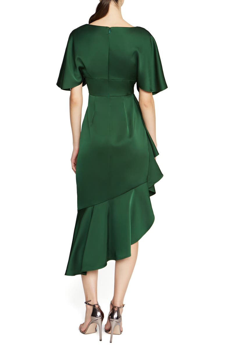 Theia Gwen Ruffle Asymmetric Hem Elbow Sleeve Satin Faux Wrap Dress, Alternate, color,