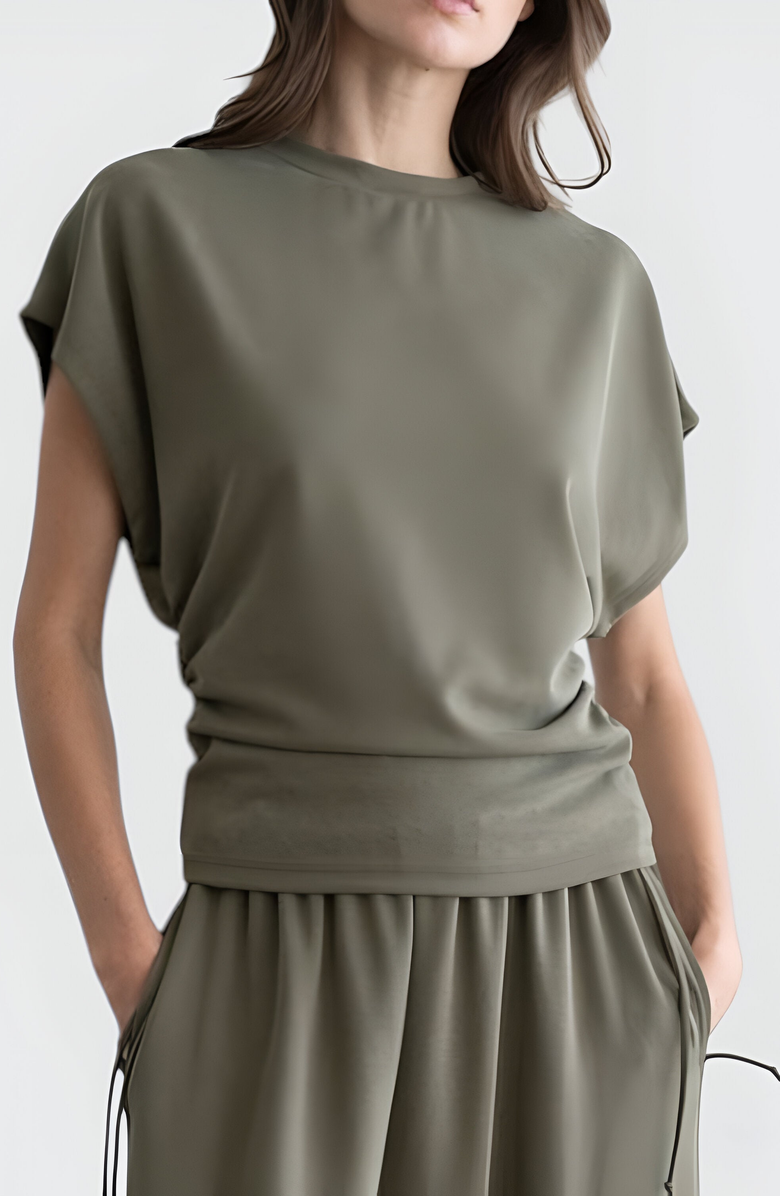 Modenaire Ruched Side Cap Sleeve Top with Cinched Waist and Relaxed Fit, Alternate, color,