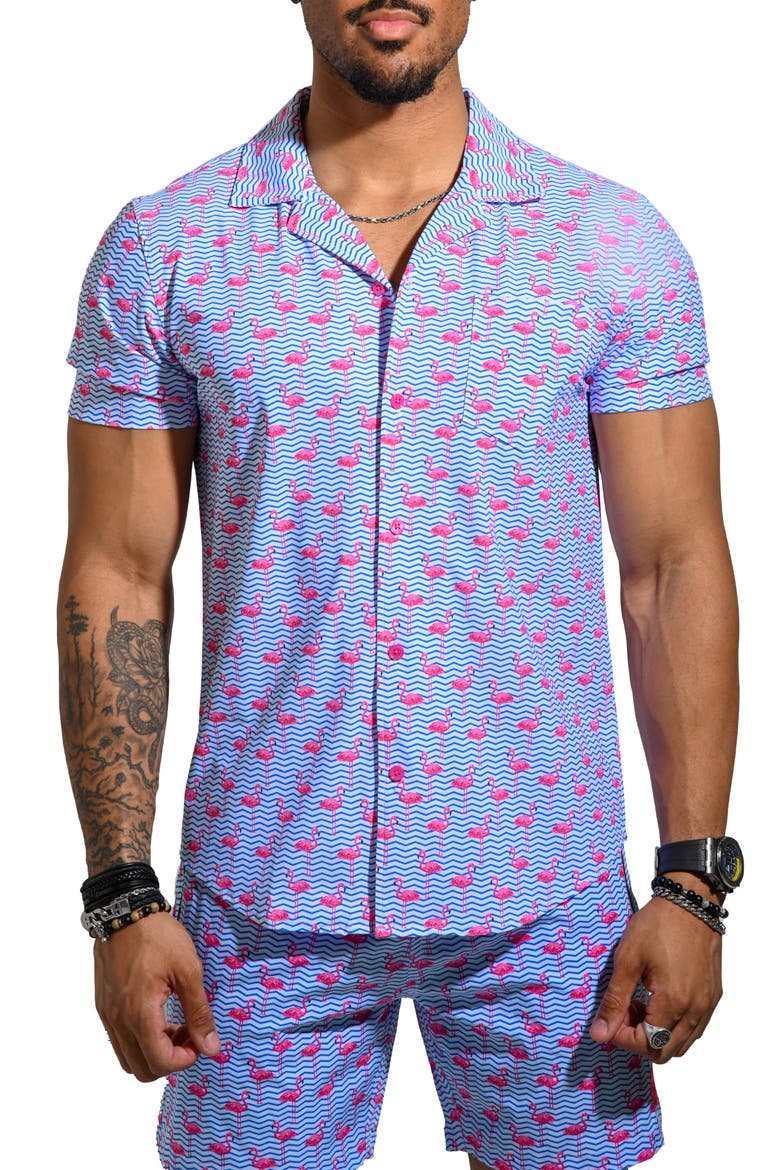 Beachflamingo Blue Cotton Camp Shirt, Main, color, BLUE