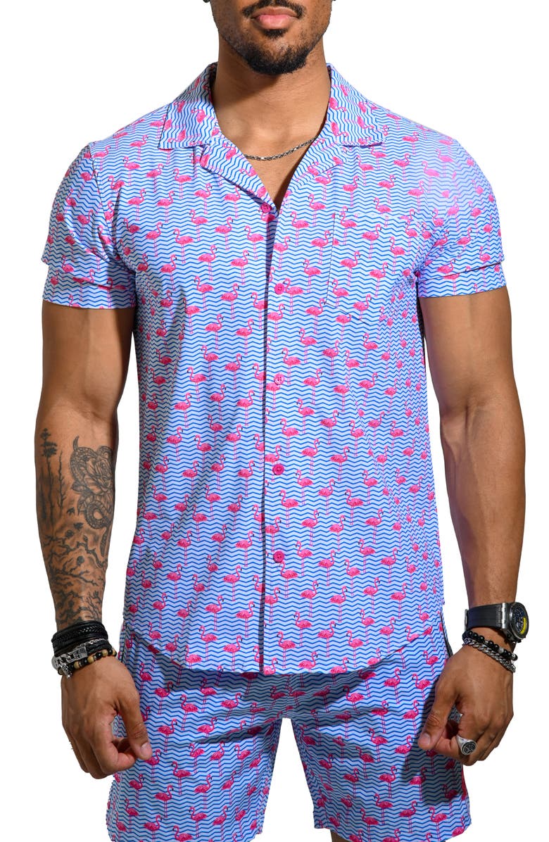 Maceoo Beachflamingo Blue Cotton Camp Shirt, Main, color, Blue