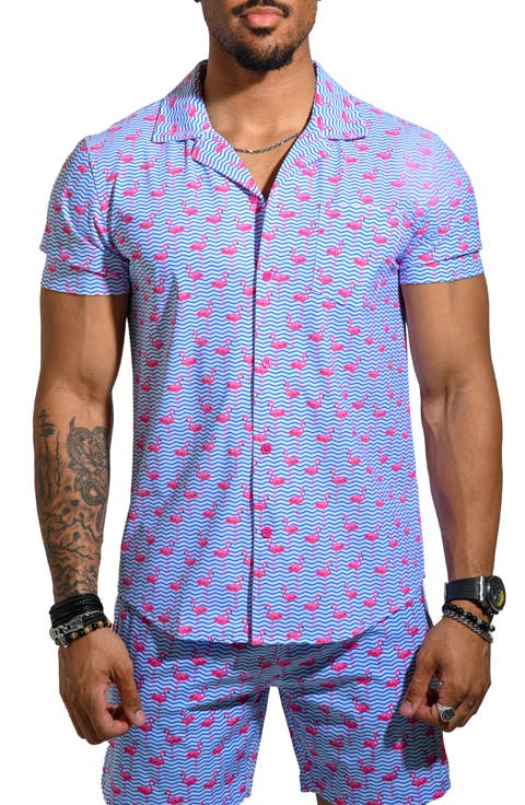 Beachflamingo Blue Cotton Camp Shirt