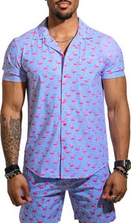 Maceoo Beachflamingo Blue Cotton Camp Shirt