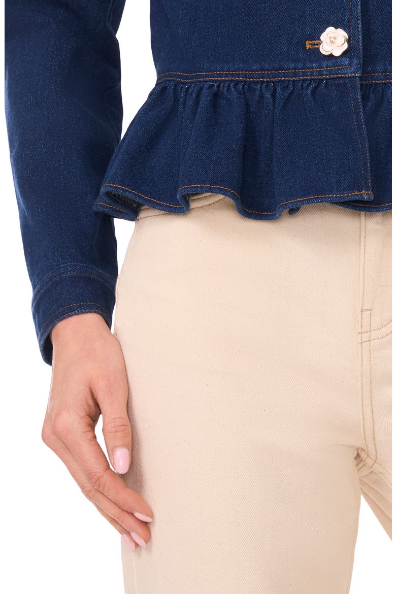 Floral Button Peplum Denim Jacket, Alternate, color, MID INDIGO