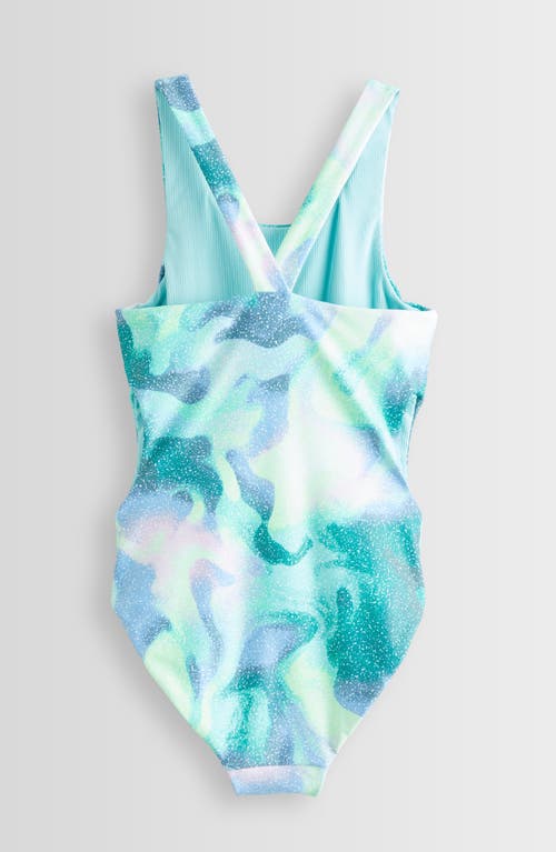 Shop Zella Girl Kids' Reversible One-piece Swimsuit In Teal Turquoise Static Tie Dye