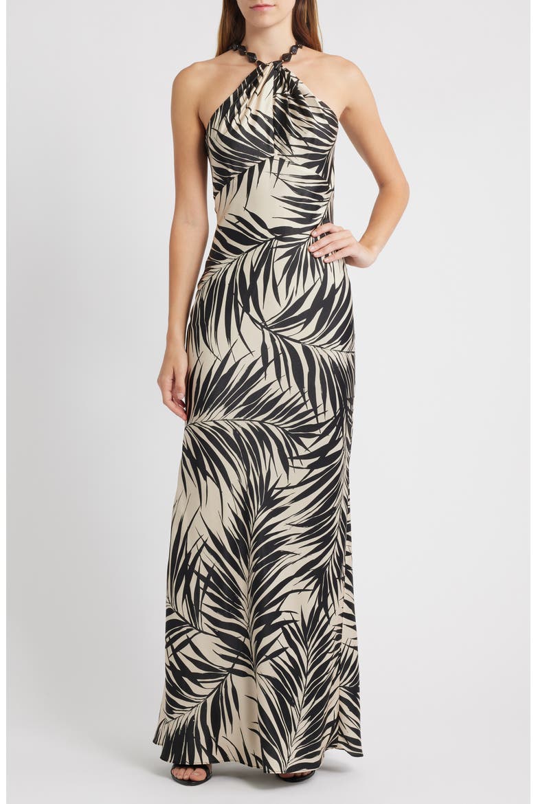 Bead Detail Palm Print Satin Sheath Gown, Main, color, BLACK