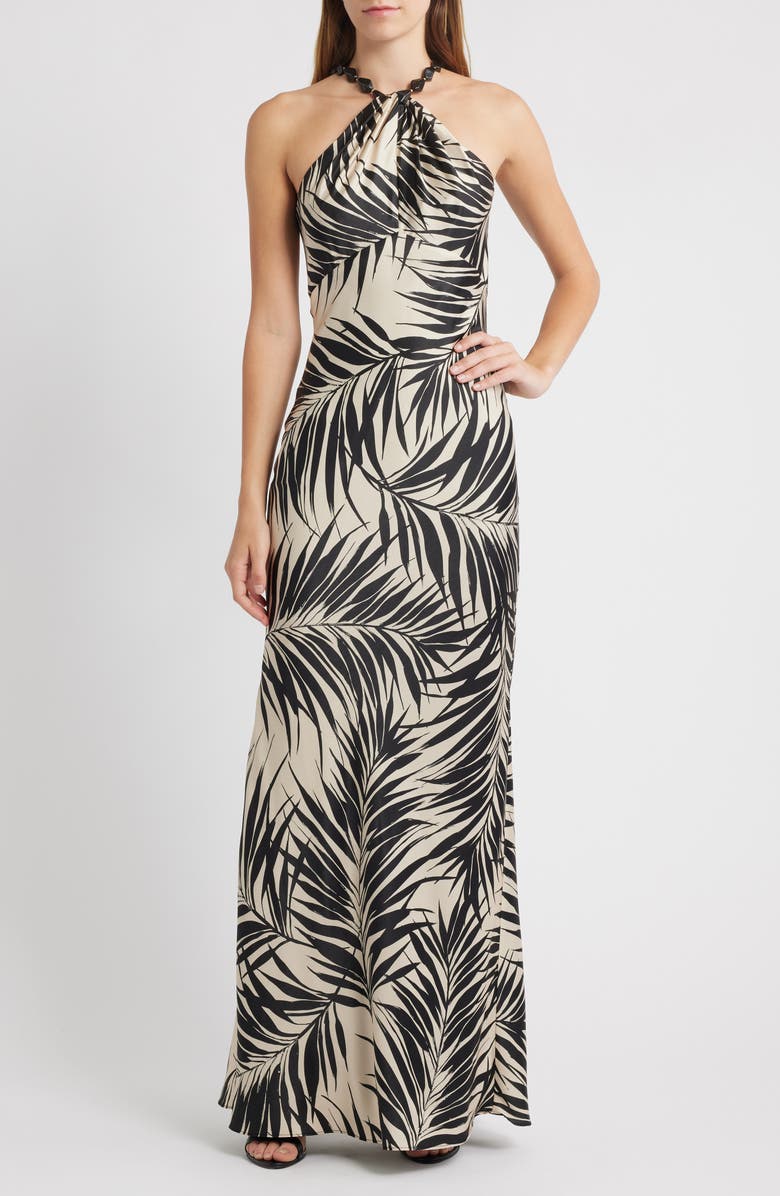 Vince Camuto Bead Detail Palm Print Satin Sheath Gown, Main, color, Black