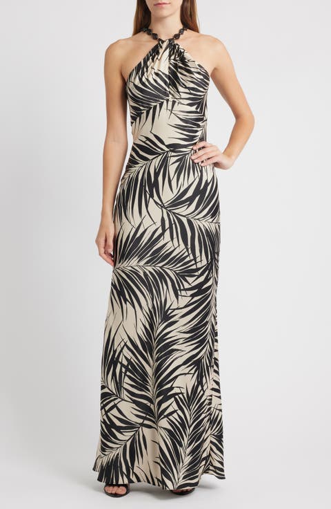 Bead Detail Palm Print Satin Sheath Gown