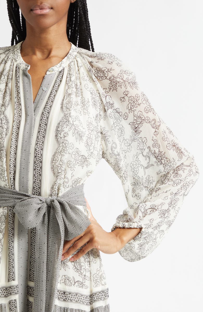 Ramy Brook Halley Mixed Print Long Sleeve Silk Dress, Alternate, color, Bone/ Black Floral