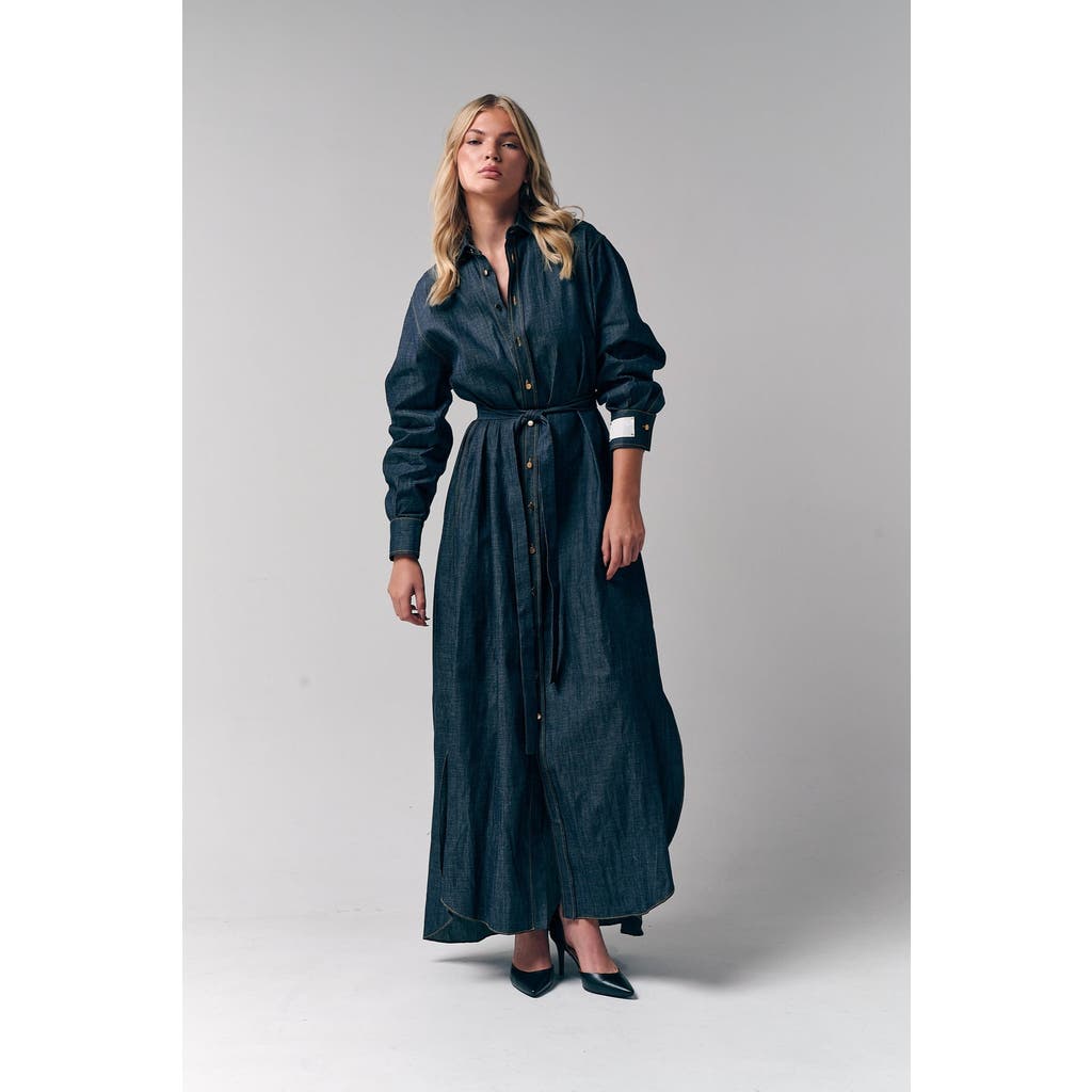 Le Fafo Maxi Belted Denim Shirtdress In Green