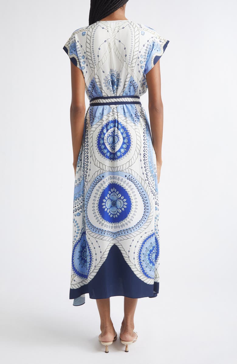 Reiss Heidi Scarf Print Belted Midi Dress, Alternate, color, Ivory/ Blue
