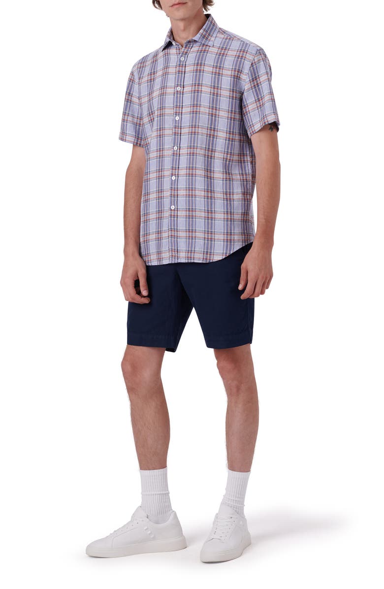 Bugatchi Plaid Short Sleeve Linen Button-Up Shirt, Alternate, color,