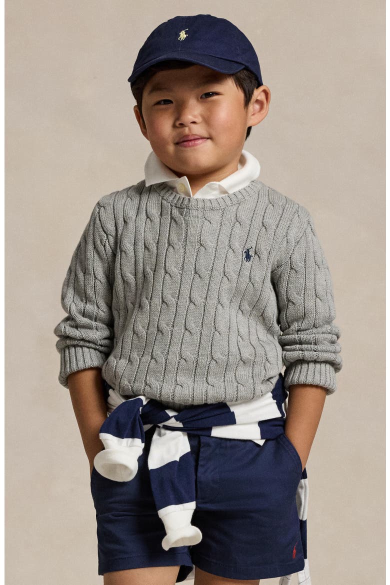 Kids' Cotton Cable Knit Crewneck Sweater, Alternate, color, ANDOVER HEATHER