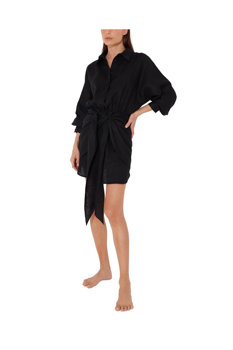Guadalupe Linen Shirt Dress with Tie-Front Detail, Main, color, Black