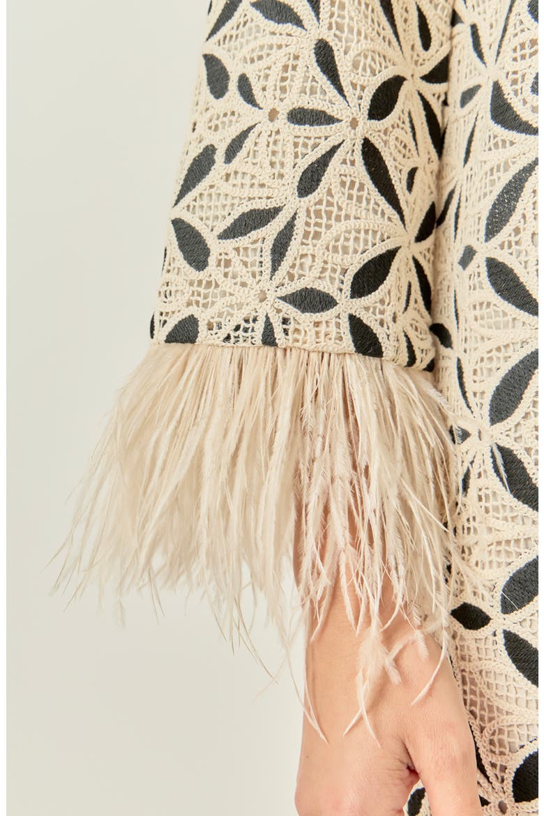 Crochet Minidress with Feather Cuffs, Alternate, color, CREAM/ BLACK