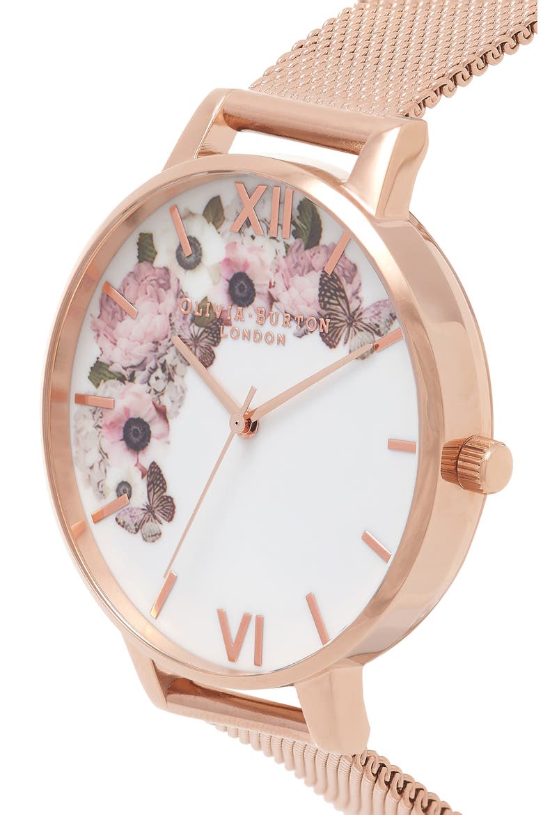 Signature Florals Mesh Bracelet Watch, 38mm, Alternate, color, ROSE GOLD/ ROSE GOLD/ WHITE