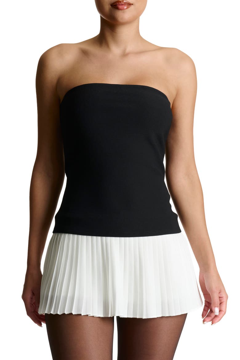 Pleated Strapless Mixed Media Minidress, Alternate, color, BLACK WHITE