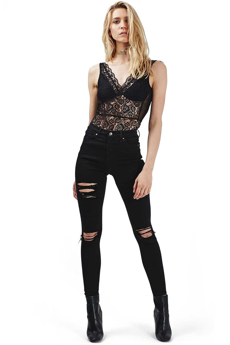 Lace & Mesh Bodysuit, Alternate, color, BLACK