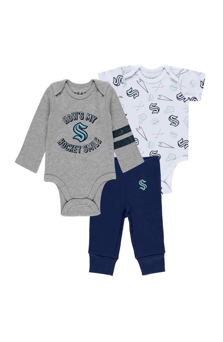WEAR by Erin Andrews Newborn & Infant WEAR by Erin Andrews Gray/White/Navy Seattle Kraken Three-Piece Turn Me Around Bodysuit & Pants Set, Alternate, color, Gray