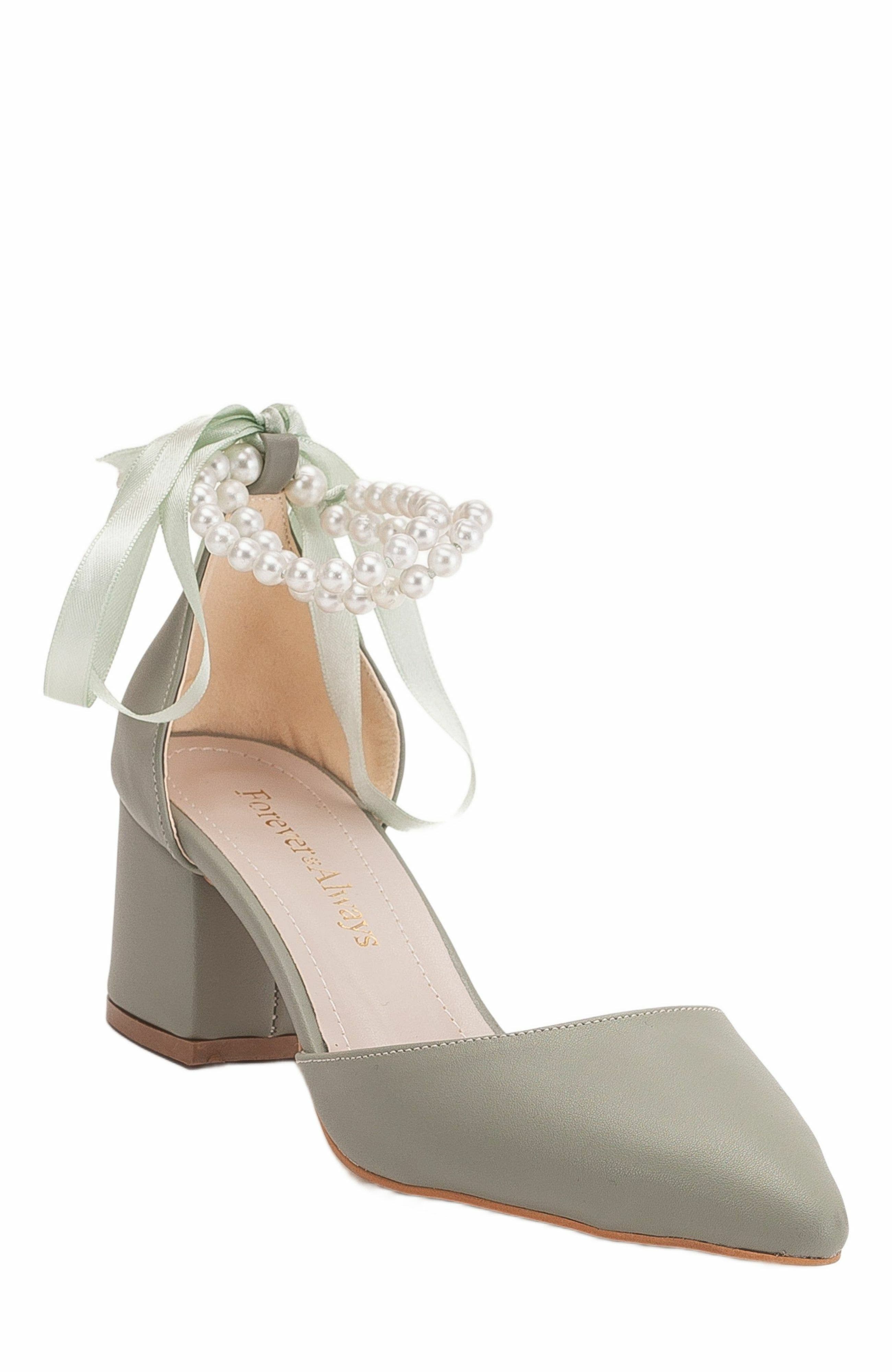 Forever & Always Shoes Miranda Low Block Heels with Pearls, Main, color, Sage Green Faux Leather